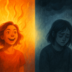 animated potrait of two girls one vibrant and bring with glowing colours. the other dark and gloomy looking upset seemingly standing in the rain.
