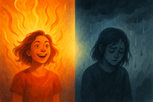 animated potrait of two girls one vibrant and bring with glowing colours. the other dark and gloomy looking upset seemingly standing in the rain.