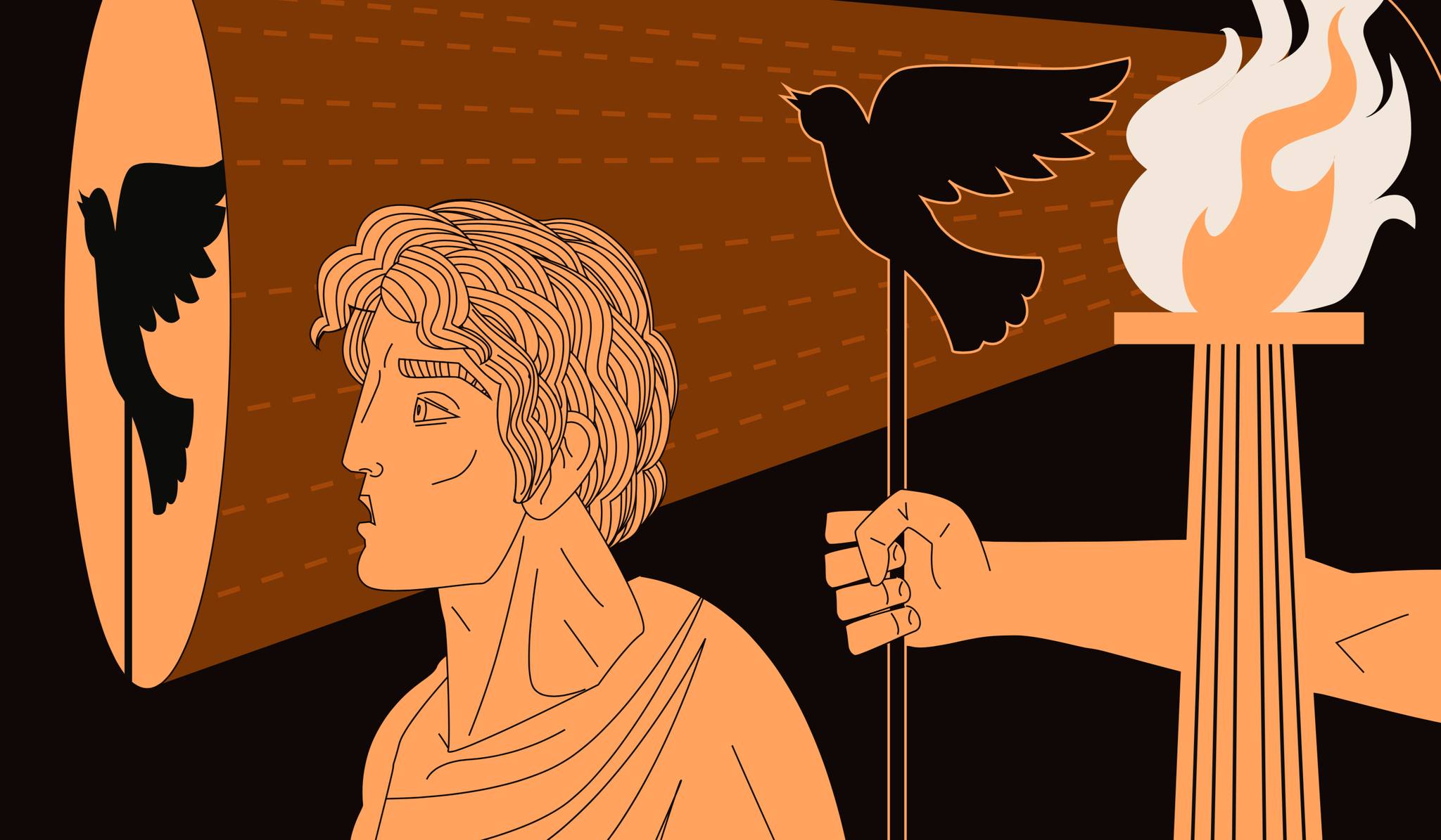 An image with a flame and a steel bird attached to a mental base illuminated by the flame producing a shadow on a random wall. A man seems to be over-whelmed by the shadow.