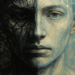 A contrasting potrait of a human with two contrasting sides one gleem and dark, other bring and cheerful.