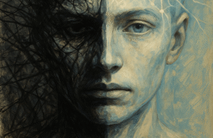 A contrasting potrait of a human with two contrasting sides one gleem and dark, other bring and cheerful.