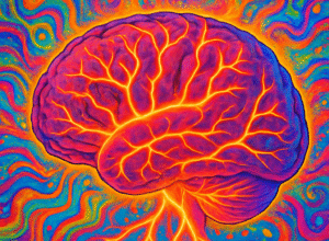 A vibrant colourful potrait of the human brain.