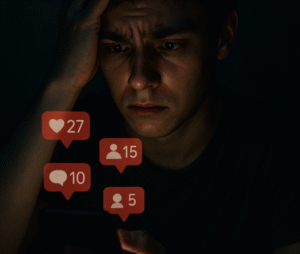 A gleem background with a boy centered around the frame using a mobile phone. The person seems to be upset over something or overwhelmed with various notifications popping from his phone.
