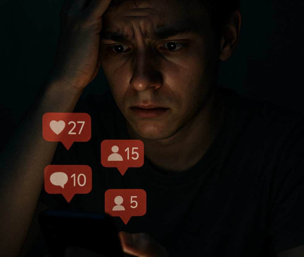 A gleem background with a boy centered around the frame using a mobile phone. The person seems to be upset over something or overwhelmed with various notifications popping from his phone.