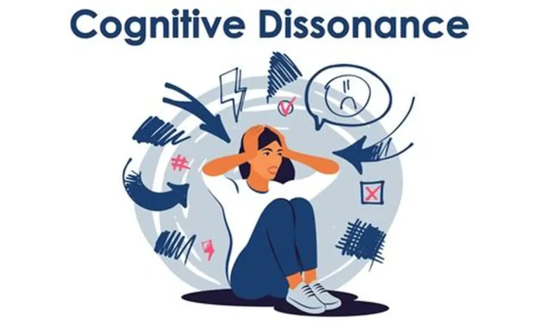An aminated image represting cognitive dissonance, with a lady in the middle seemingly overwhelmed with numerous thoughts.