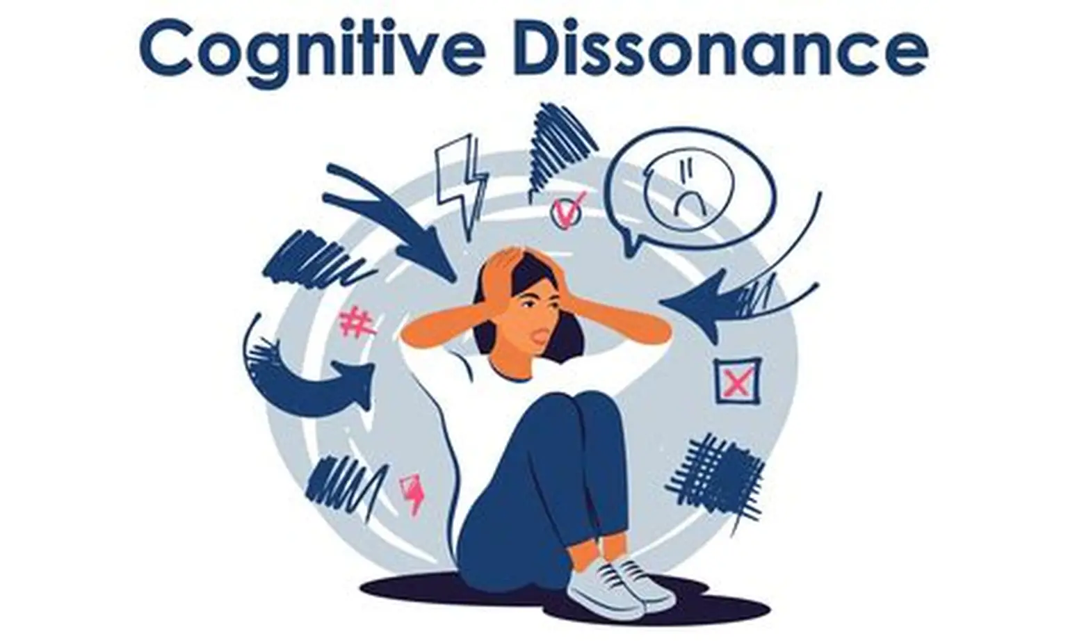 An aminated image represting cognitive dissonance, with a lady in the middle seemingly overwhelmed with numerous thoughts.