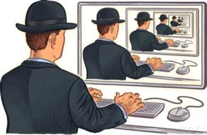 A image of a man behind a computer writing something on the keyboard. The image seems to be replicating itself on the computer over and over again, representing the Droste effect.
