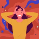 An animated image of a girl looking confused over something. The background of the image contains bold red and blue colours.