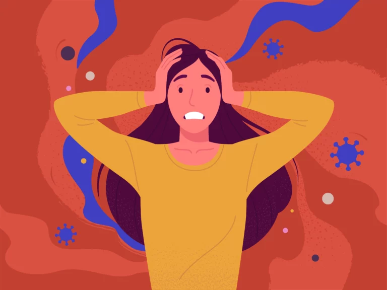 An animated image of a girl looking confused over something. The background of the image containts bold red and blue colours.