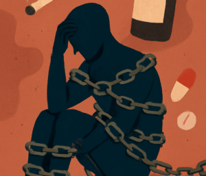 An. potrait of a man chained down in the circle of addictive habbits like smoking and alcohol.