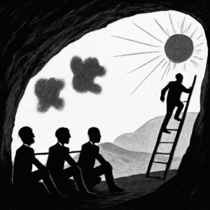 A black and white potrait reprenting the concepts of plato's cave with three man tied to a chain and the fourth one climbing a ladder towards the sun.