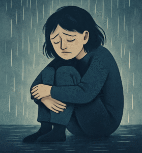 An animated image of a girl sitting in the rain with depressed expression on her face.
