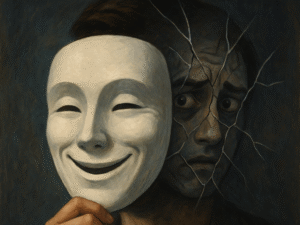 A aminated potrait of a man holding a mask and looking distressed and confused over something.