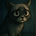 A animated image of a cat appearing to be distressed over something. The image seems to be gleaming with negitive overtone.