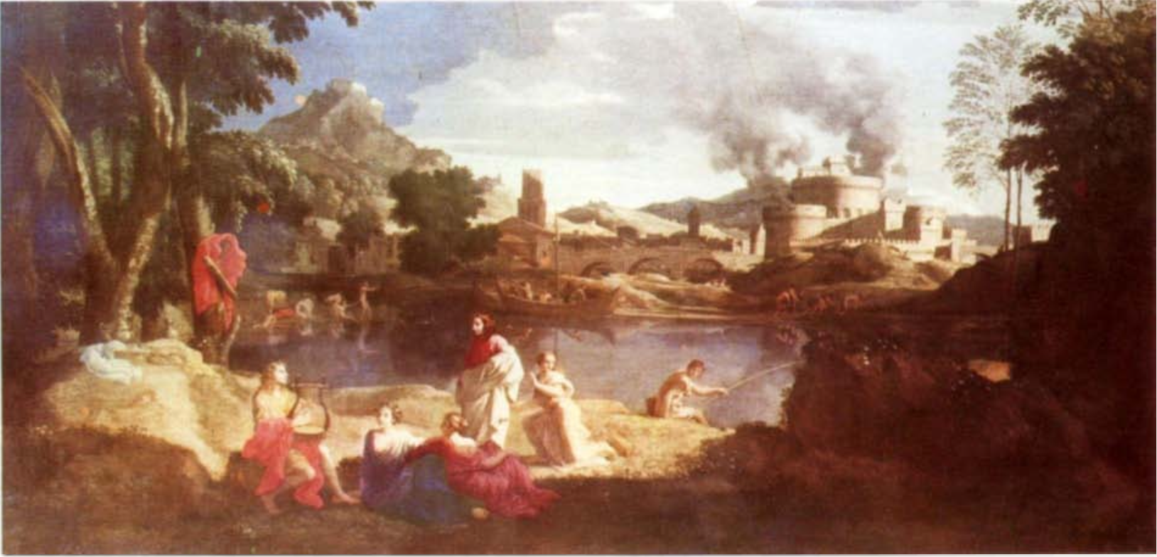 A beautiful scenic view of a mountain, lakes and people surrounding the area.