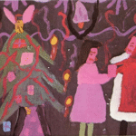 A painting of a girl using a brush to paint something red on the canvas