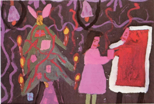 A painting of a girl using a brush to paint something red on the canvas