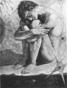 A black and white potrait of a man kneeling down with his hands wrapped around his legs