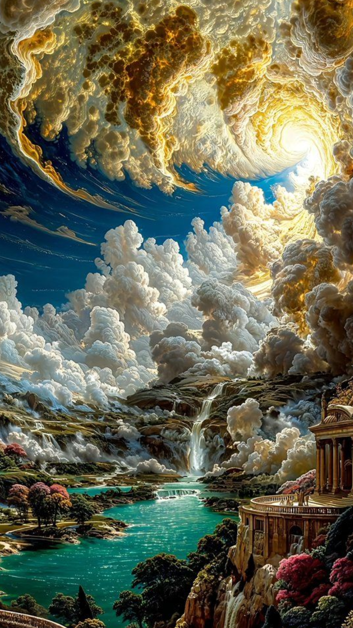 A scenic background with clouds and sun, a water body is in the middle of the frame. There is also a sort of heritage place in the corners of the frame.